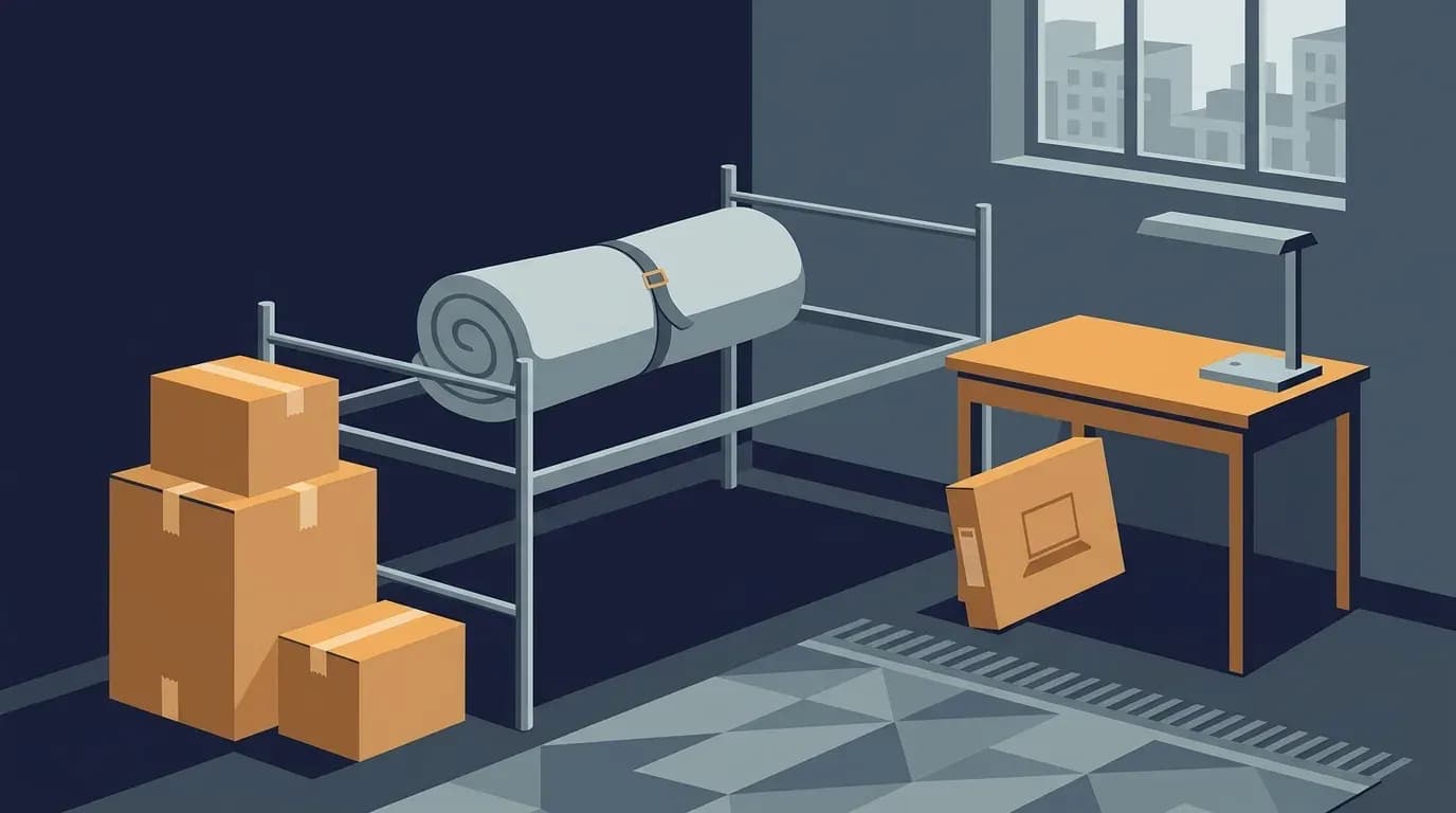 Illustration of a sparsely furnished dorm room with a bare bed frame, stacked moving boxes and a small desk.