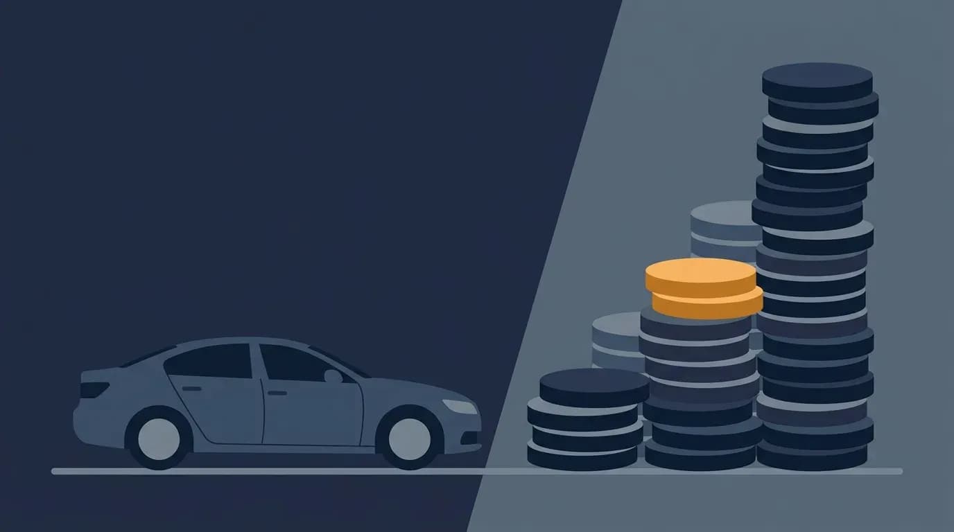 Illustration of a car beside rising stacks of coins representing climbing car insurance costs.