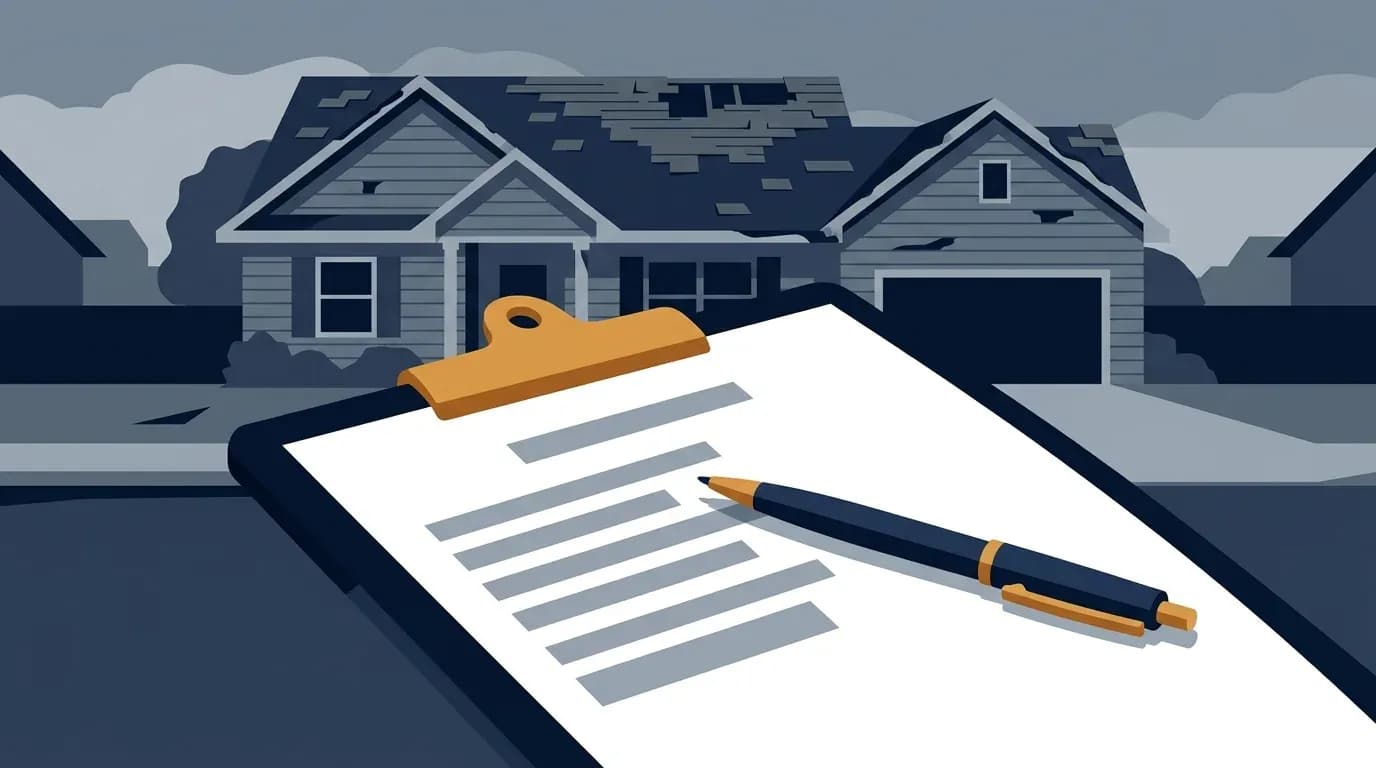 Illustration of a blank clipboard and pen held in front of a suburban house with storm-stripped roof shingles under a grey sky.