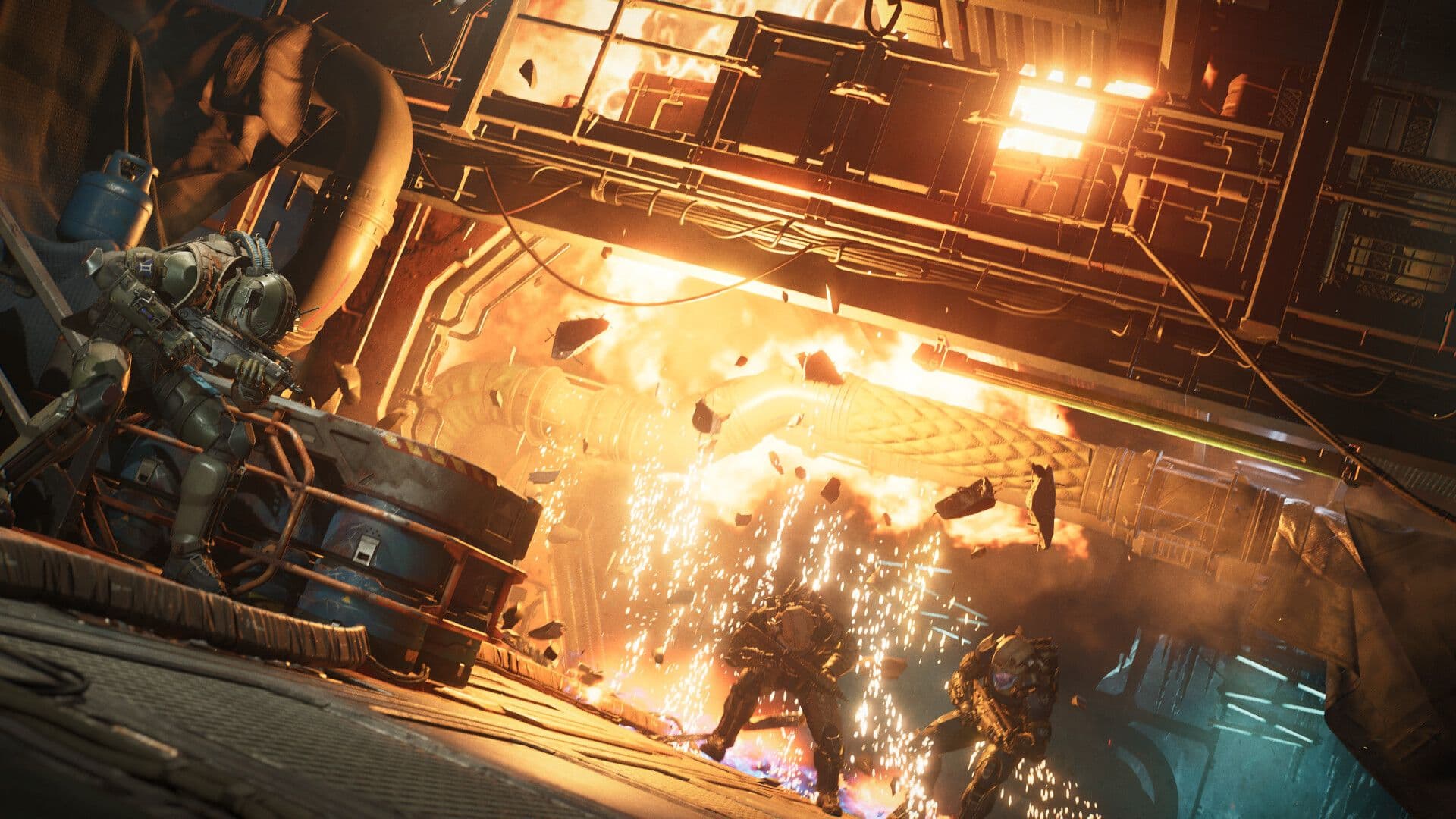 A power-armored soldier takes cover behind canisters as a fiery explosion erupts across an industrial spaceship corridor in The Expanse: Osiris Reborn.