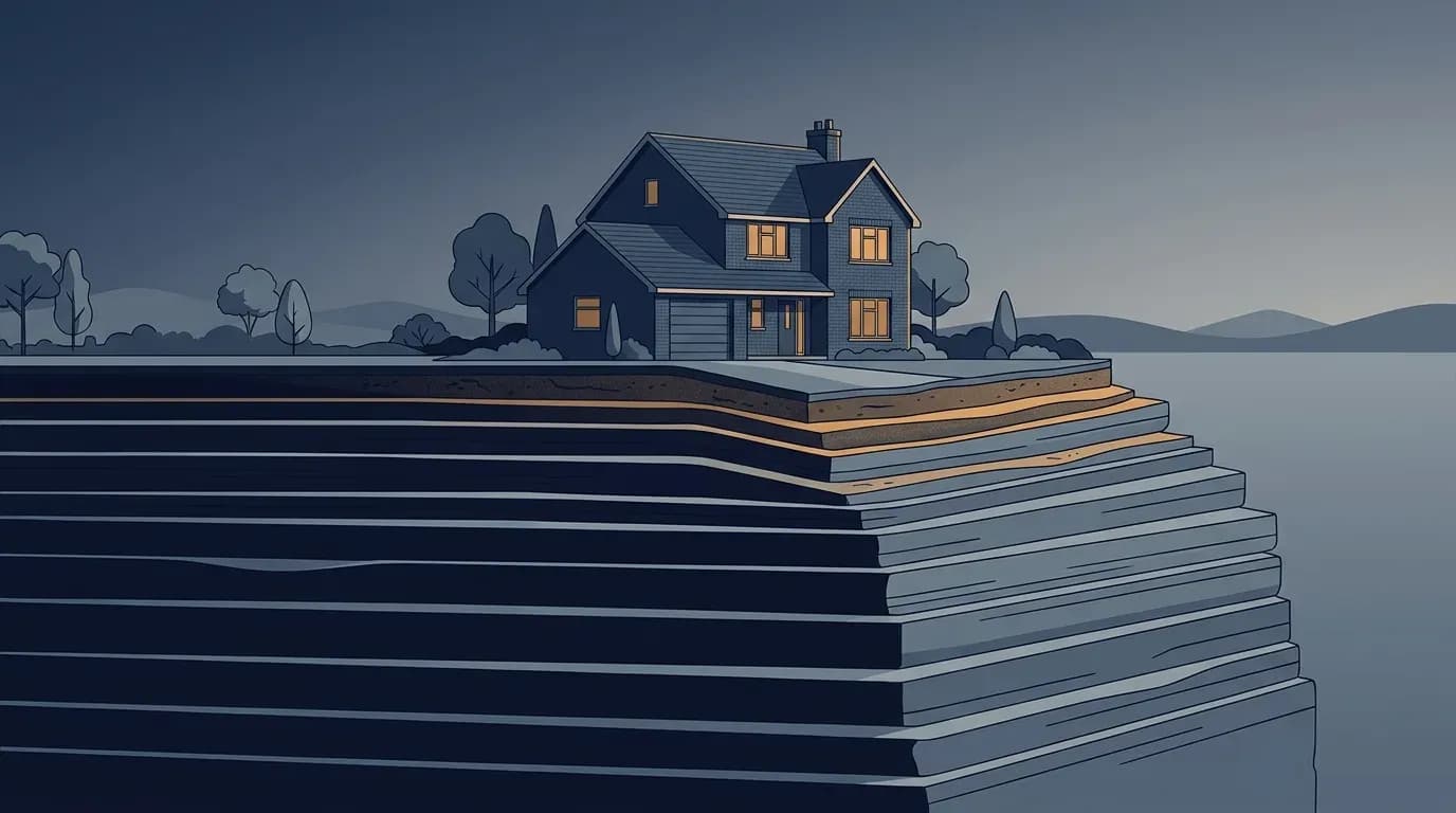 Illustration of a family house resting on a thick layered foundation, with the upper layers thinning