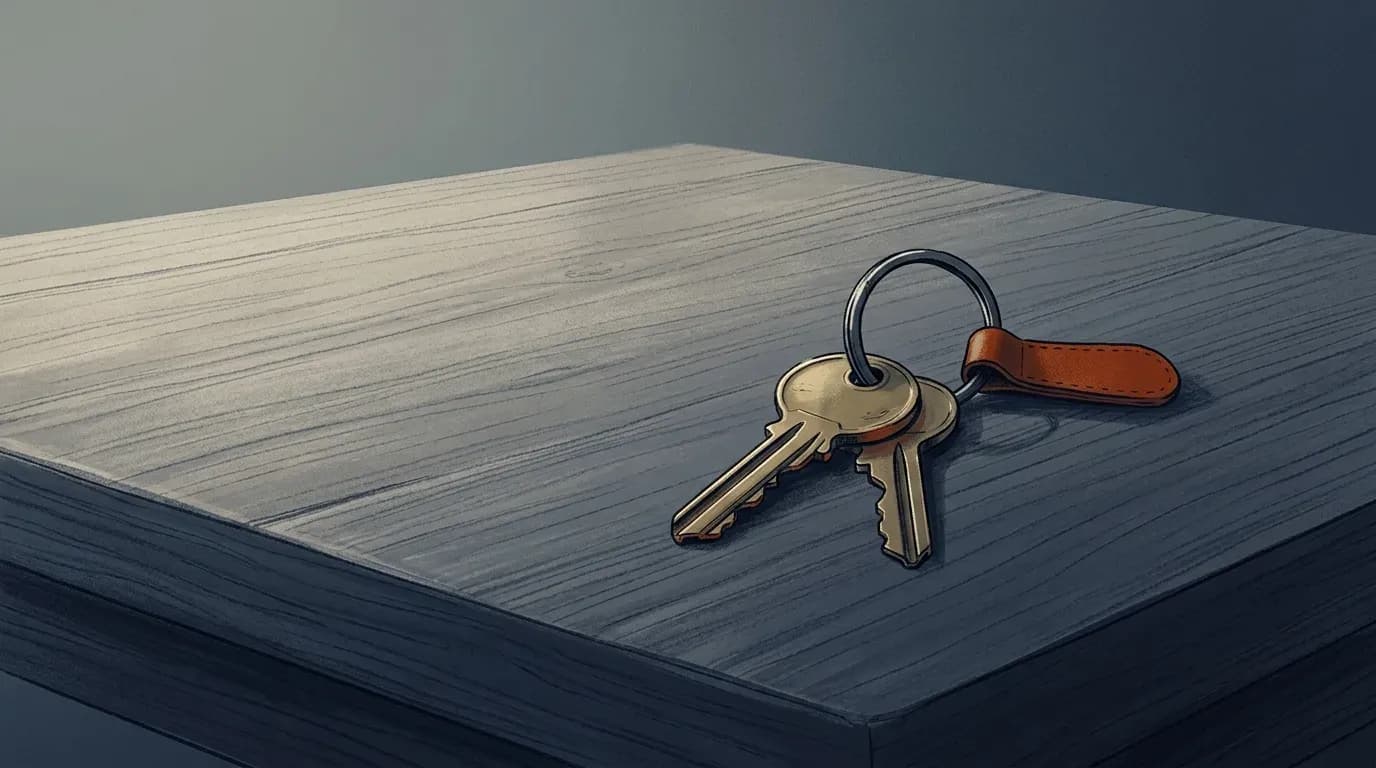 Illustration of a set of house keys resting on a bare wooden table.