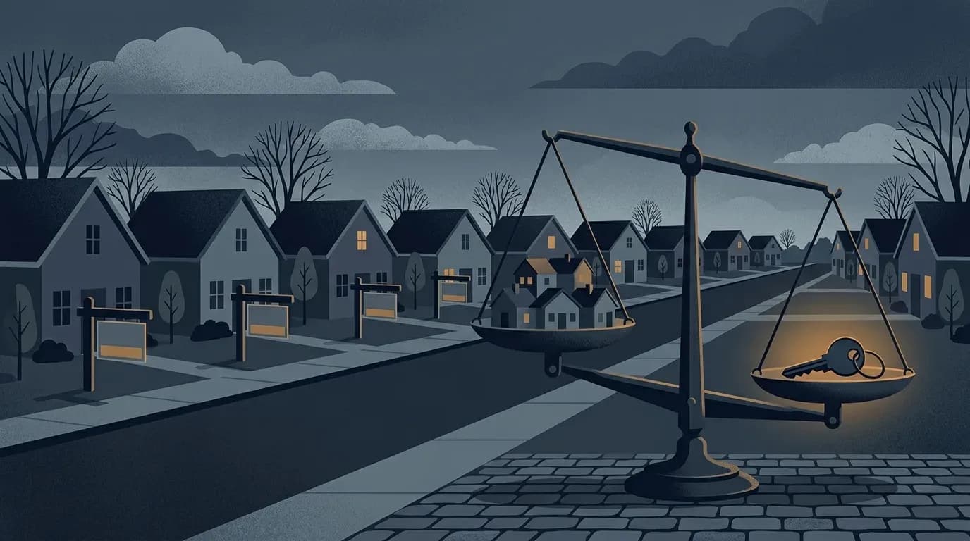 Illustration of a suburban street of houses with for-sale signs and a balance scale tipping toward a house key